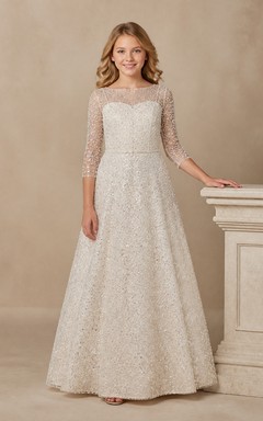 Vestido de dama de honor juvenil modesto, largo hasta el suelo, corte A, escote redondo, lentejuelas, manga tres cuartos