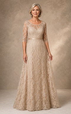 Champagnerfarbenes A-Linien-Kleid aus Spitze mit Dreiviertelärmeln für die Mutter
