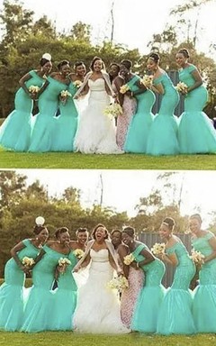 Off-the-shoulder Mermaid Floor-length Sleeveless Lace Tulle Bridesmaid Dress with Zipper Back