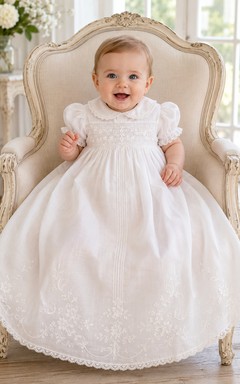 Vintage Baptism Dress A-Line Cotton Lace Scoop Neck Tea-Length Smocked Bodice