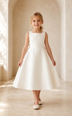 Blumenmädchenkleid aus elfenbeinfarbenem Satin, A-Linie, Rundhalsausschnitt, Teelänge, Schleifendetail