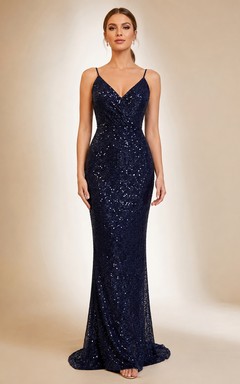 Dark Navy Spaghetti Sequin Petite Mermaid Dress