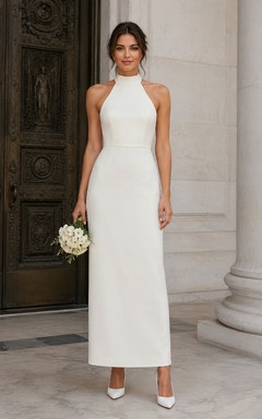 White Halter Sheath Ankle Wedding Dress
