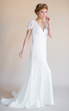 Short-Sleeve V-Neck Lace Wedding Dress With Backless Design