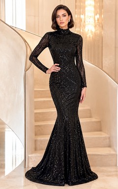 Black Sequined High-Neck Long-Sleeve Mermaid Formal Evening Gown