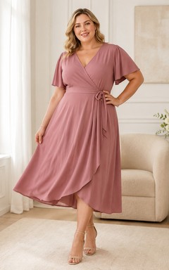 Dusty Rose V-Neck Short-Sleeve Jersey A-Line Tea-length Plus-Size Sash Guest Dress