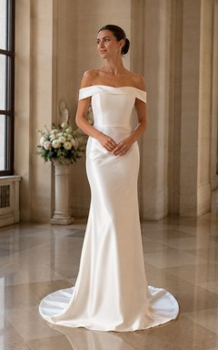 Vestido de novia civil de satén con hombros descubiertos y corte sirena