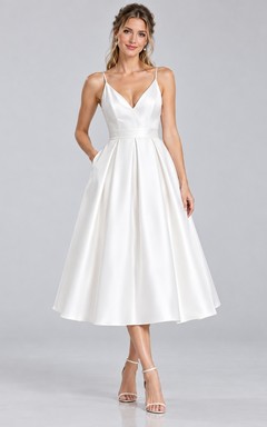 Tea-length Simple V Neck Satin Strappy Pocket Bow Bridal Dress