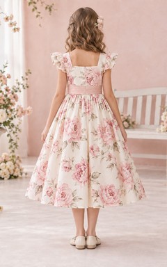 Square Neck Tea-length Ivory Pink Rose Flutter Sleeve Floral Print Flower Girl Dress