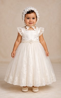 Vestido de bautizo para bebé, estilo modesto, corte en A, mangas abullonadas, tul, encaje, largo hasta el suelo, con gorrito, color marfil.