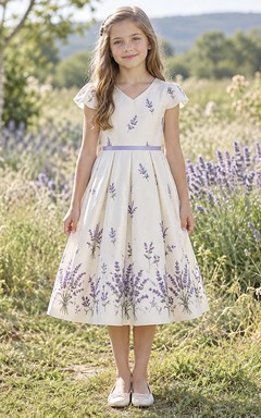 Country Tea-length Cream Floral V-neck Cap Sleeve Cotton Flower Girl Dress