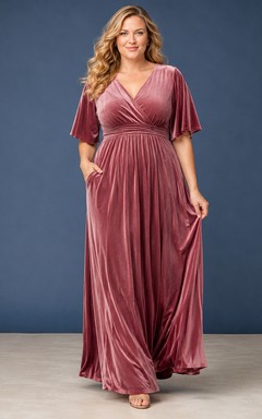 Mauvefarbenes Samt-Maxikleid mit V-Ausschnitt, Empire-Taille und Übergröße