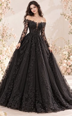 Black Long Sleeve Off Shoulder Floral Lace Wedding Dress