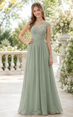 Celadonfarbenes Brautjungfernkleid für junge Mädchen, A-Linie, mit kurzen, transparenten Ärmeln und Spitze aus Tüll – bezaubernd und romantisch