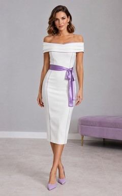 White Lavender Sash Off-the-shoulder Sheath Knee-length Formal Cocktail Dress