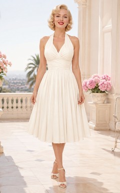 Vintage elfenbeinfarbenes Chiffon-Cocktailkleid mit Neckholder, rückenfrei, plissiert, A-Linie, Teelänge