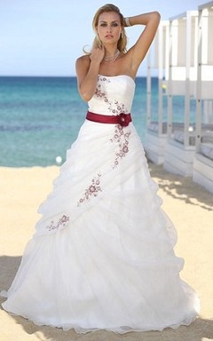 A-Line Strapless Pick-Up Organza Wedding Dress With Flower And Ruffles