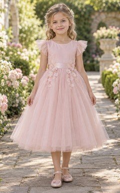 Blush Floral Flutter Sleeve Scoop Satin Tea-length A-Line Gathered Tulle Ribbon Bow Flowergirl Dress