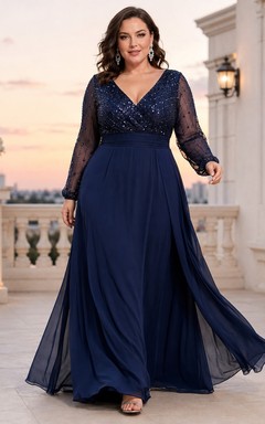 Vestido de noche largo hasta el suelo, de gasa con lentejuelas, cuello en V, mangas ilusión y escote en V, color azul marino oscuro, talla grande.