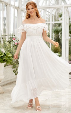 Shoreline Float White A-Line Ankle-Length Off-Shoulder Short-Sleeve Chiffon Bohemian Guest Dress