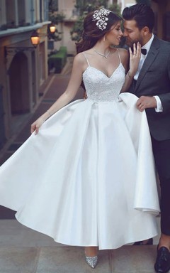 Spaghetti Short A-line Ankle-length Satin Lace Wedding Dress