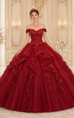 Red Lace Applique Off Shoulder Cap Sleeve Grand Tulle Ball Gown Quinceanera Dress