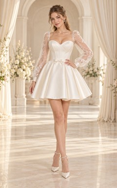Short Sweetheart Long Sleeve Lace Satin Flared Bridal Wedding Dress