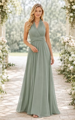 Robe de demoiselle d'honneur vert sauge convertible dos nu en mousseline longue jusqu'au sol