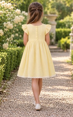 Simple Modest Yellow Knee Length Broad Flutter Sleeve Narrow Smocked Flower Girl Dress