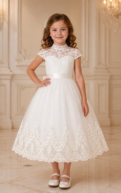 White Tea-length A-Line High Neck Cap Sleeve Tulle Flowergirl Dress