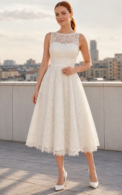 Vestido de novia civil a media pierna con corte en A y encaje Illusion Bateau