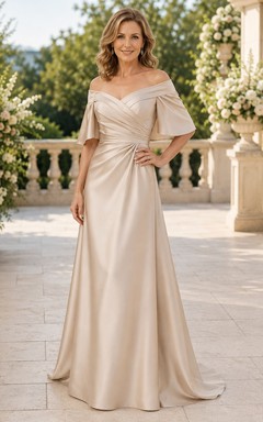 Champagnerfarbenes, schulterfreies A-Linien-Kleid aus Satin mit kurzen Ärmeln