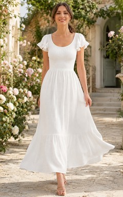 Bohemian White Chiffon A-Line Floor-Length Scoop Neck Petal Sleeve Garden Dress