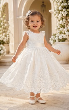 Scalloped Lace Hem Baptism Dress A-Line Tulle Jewel Neck Sleeveless Tea-Length
