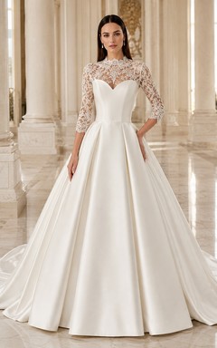 Vestido de novia de gala de satén con corpiño de encaje y escote corazón