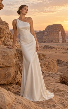 Vestido de novia sencillo de corte recto, un solo hombro, de satén liso y largo hasta el suelo.