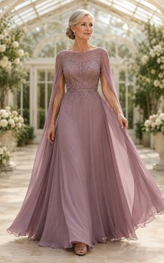 MOB-Kleid, mauvefarbener Chiffon-Spitzen-A-Linien-Schnitt, lange Ärmel, Rundhalsausschnitt, bodenlang, plissiert
