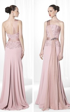Sheath Floor-Length Sleeveless Appliqued One-Shoulder Jersey Prom Dress