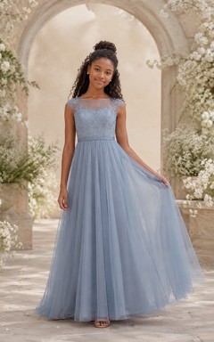 Stahlblaues Brautjungfernkleid für junge Damen, A-Linie, eckig, kurze Illusionsärmel, Tüll, elegant, romantisch