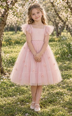 Square Neck Blush Flutter Sleeve Pearl Waist Rose Applique Tea-length A-Line Gathered Tulle Flowergirl Dress