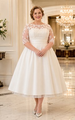 Modest Plus Size Tea-Length Bateau Three-Quarter Satin Vintage Wedding Dress