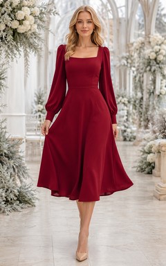 Robe midi en mousseline rouge à col carré et manches poétiques