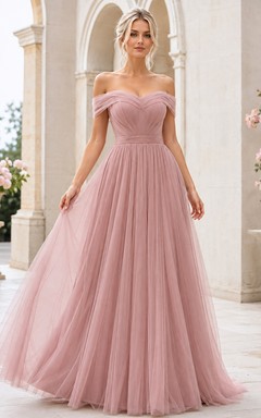 Dusty Rose Off-Shoulder Sweetheart Tulle A-Line Romantic Floor Bridesmaid Gown