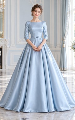 Robe de bal vintage bleu ciel à manches bateau et taille nouée en satin