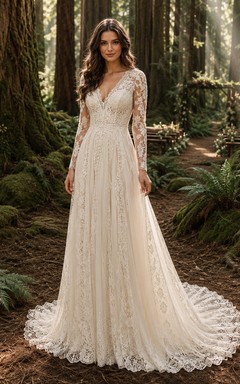 V Neck Long Sleeve Lace Woodland Bridal Gown