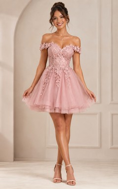 Short A-Line Short Off-the-Shoulder Short Sleeve Tulle Homecoming Dress with Appliques