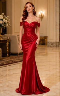 Vestido de sirena de satén de seda rojo con hombros descubiertos