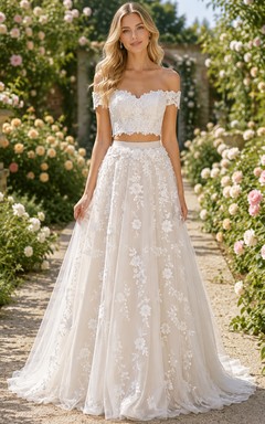 Robe trapèze deux pièces en dentelle de jardin à appliqués floraux