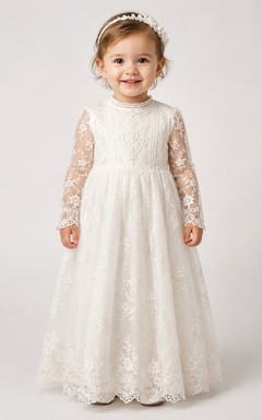 Robe de baptême pour bébé, coupe trapèze, manches longues, tulle et dentelle, longueur au sol, avec ceinture à nœud, couleur ivoire