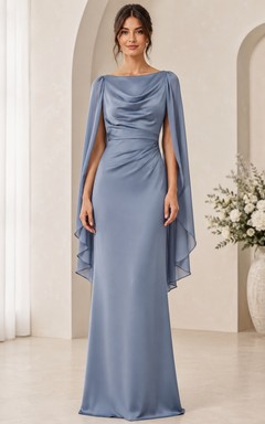 Steel Blue Cowl Neck Cape Sleeve Satin Sheath Dress